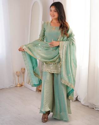 Aqua-blue silk blend embroidered palazzo set 4