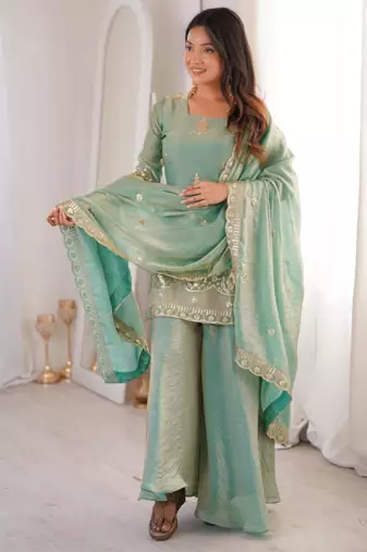 Aqua-blue silk blend embroidered palazzo set