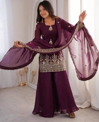 Wine silk blend embroidered palazzo set 1