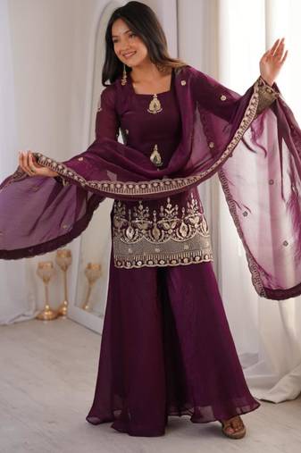 Wine silk blend embroidered palazzo set