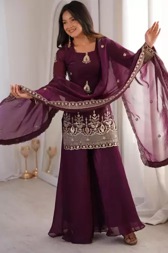 Wine silk blend embroidered palazzo set