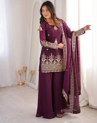 Wine silk blend embroidered palazzo set 2