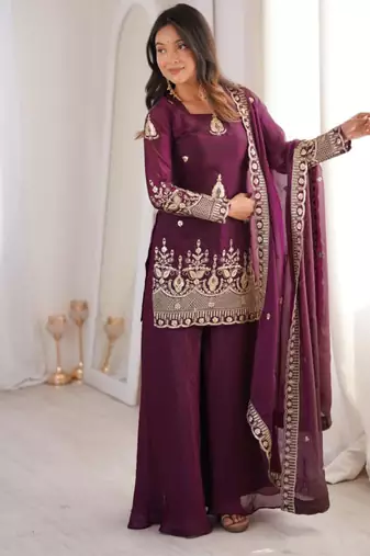 Wine silk blend embroidered palazzo set