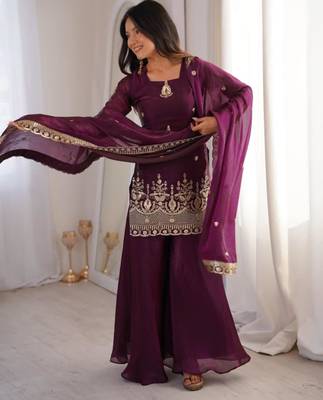 Wine silk blend embroidered palazzo set 3