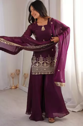 Wine silk blend embroidered palazzo set
