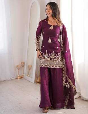 Wine silk blend embroidered palazzo set 4