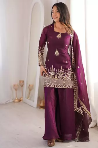 Wine silk blend embroidered palazzo set