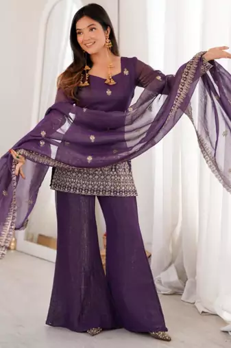 Dark-purple silk blend embroidered palazzo set