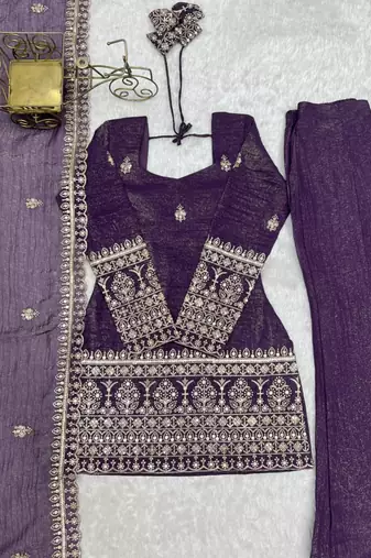 Dark-purple silk blend embroidered palazzo set