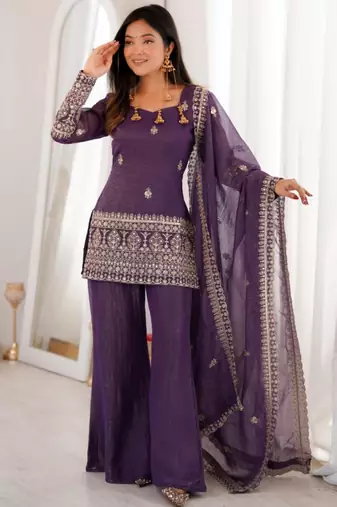 Dark-purple silk blend embroidered palazzo set