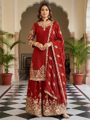 Red silk blend embroidered sharara set 1