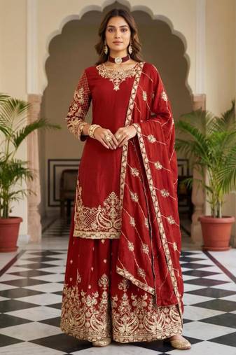Red silk blend embroidered sharara set
