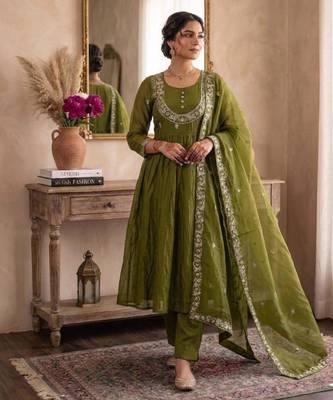 Olive satin embroidered palazzo set 1