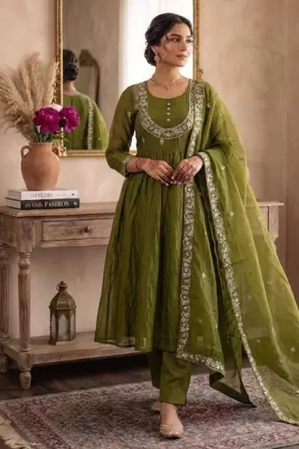 Olive satin embroidered palazzo set