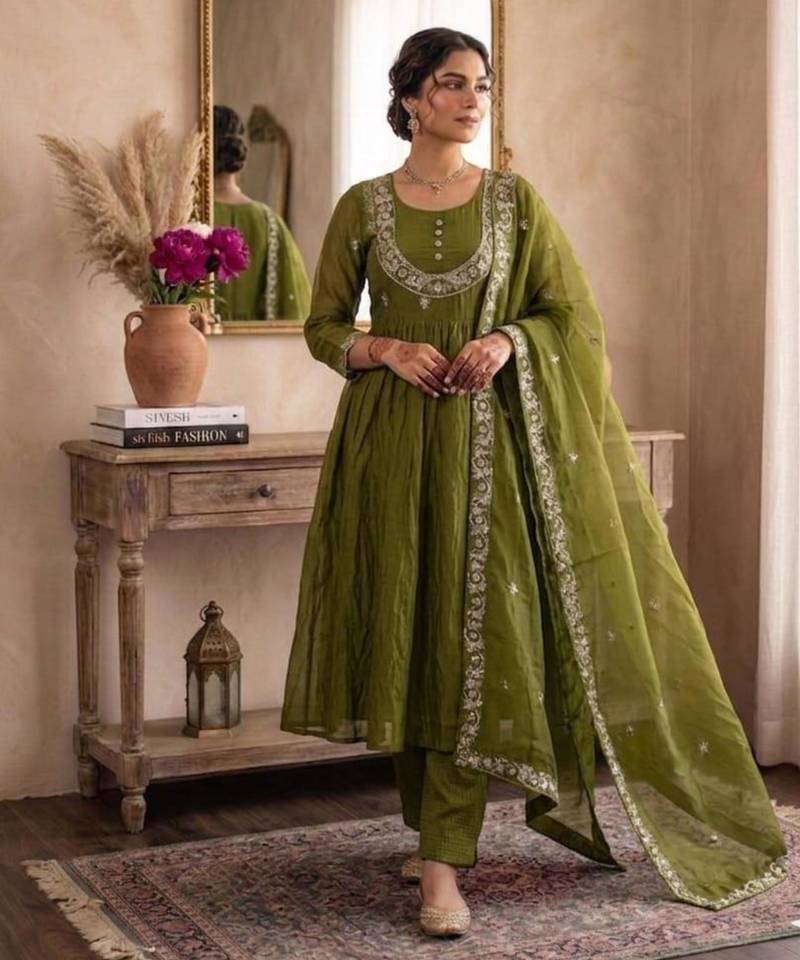 Olive satin embroidered palazzo set
