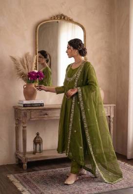 Olive satin embroidered palazzo set 2