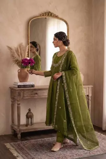 Olive satin embroidered palazzo set