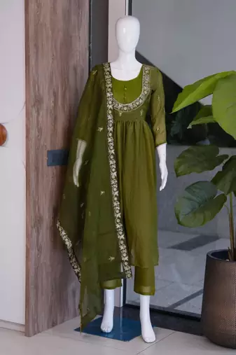 Olive satin embroidered palazzo set