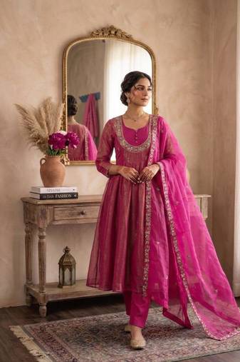 Hot-pink satin embroidered palazzo set