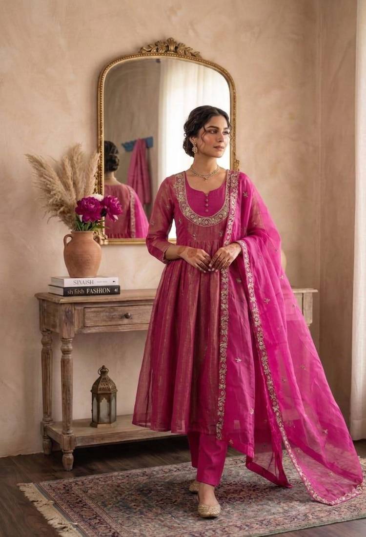 Hot-pink satin embroidered palazzo set