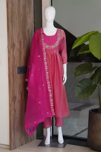 Hot-pink satin embroidered palazzo set