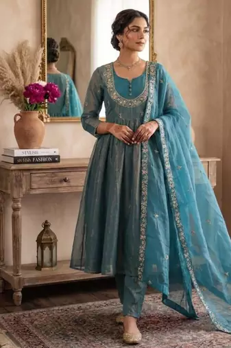 Blue satin embroidered palazzo set
