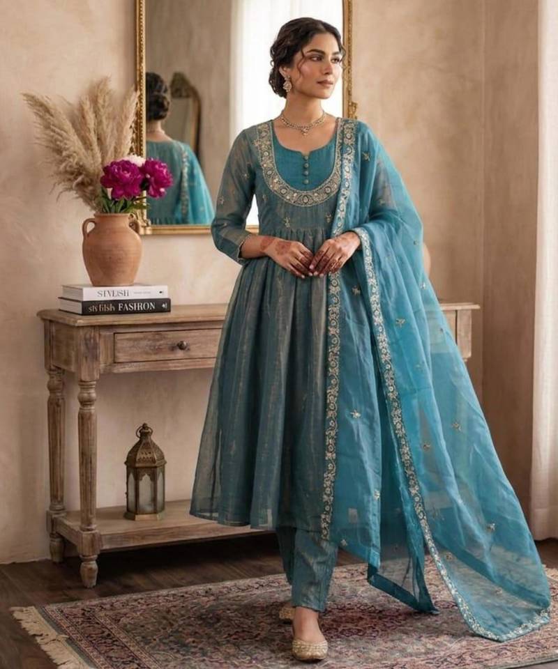 Blue satin embroidered palazzo set