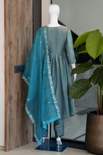 Blue satin embroidered palazzo set