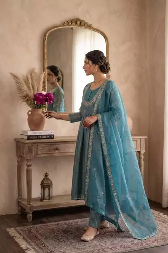 Blue satin embroidered palazzo set