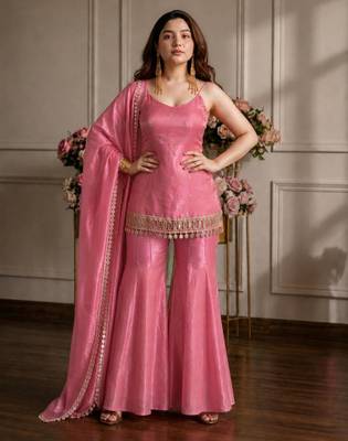 Pink silk blend embroidered sharara set 2