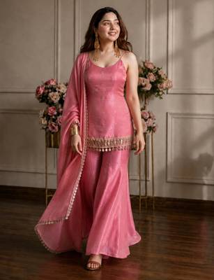 Pink silk blend embroidered sharara set 1