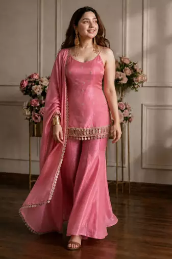 Pink silk blend embroidered sharara set