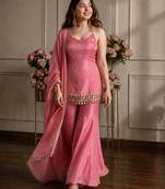 Pink silk blend embroidered sharara set