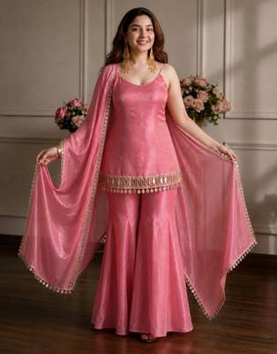Pink silk blend embroidered sharara set 3