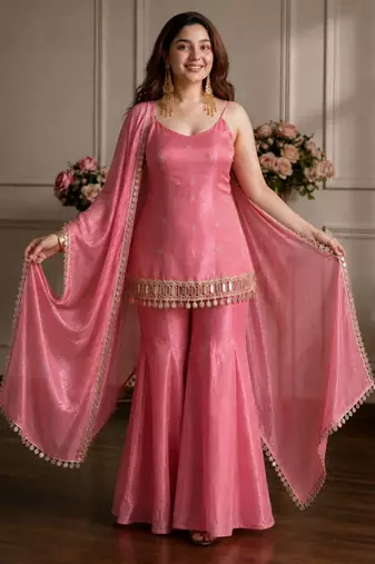 Pink silk blend embroidered sharara set