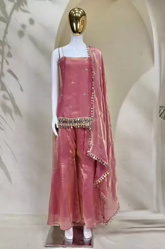 Pink silk blend embroidered sharara set