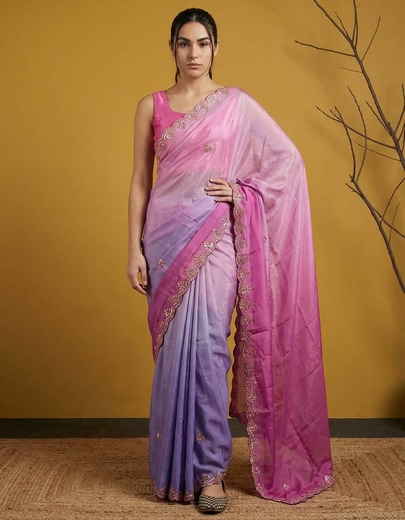 baby pink satin with prints gota patti work saree