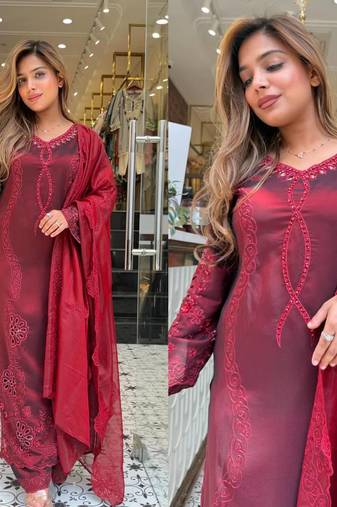 Designer suit with sequins embroidery cut work top, palazzo & dupatta