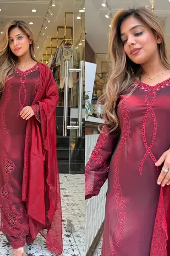 Designer suit with sequins embroidery cut work top, palazzo & dupatta