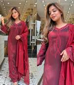 Designer suit with sequins embroidery cut work top, palazzo & dupatta