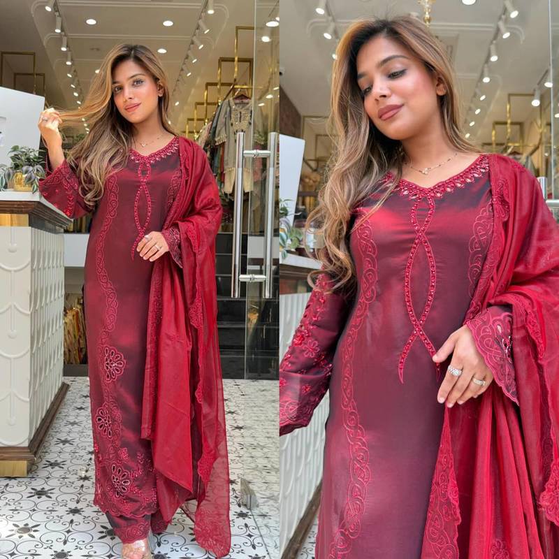 Designer suit with sequins embroidery cut work top, palazzo & dupatta