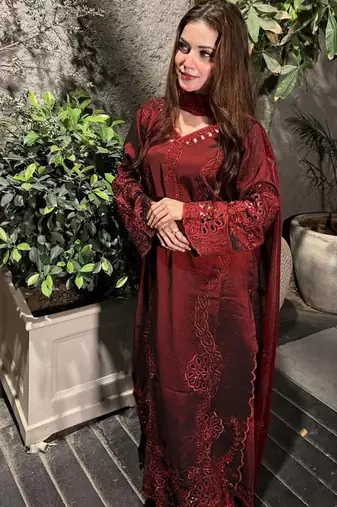 Designer suit with sequins embroidery cut work top, palazzo & dupatta