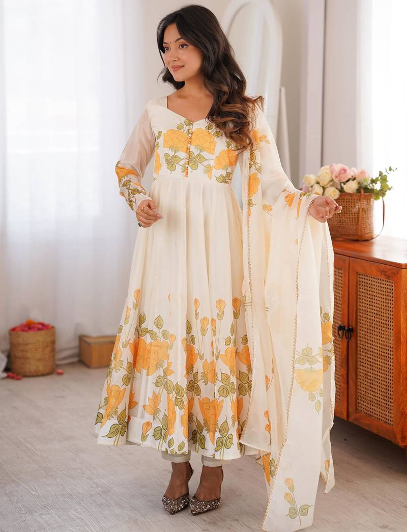 Designer organza silk floral print anarkali gown with pant & gota patti dupatta