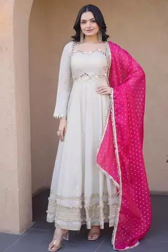 Designer cosmos gown with real mirror work & moss butti dupatta for women