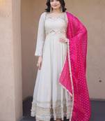 Designer cosmos gown with real mirror work & moss butti dupatta for women
