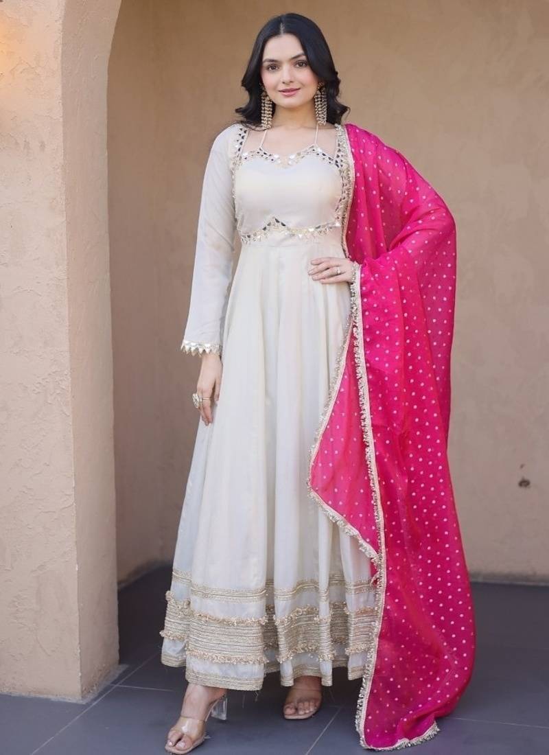 Designer cosmos gown with real mirror work & moss butti dupatta for women