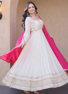 Designer cosmos gown with real mirror work & moss butti dupatta for women 2