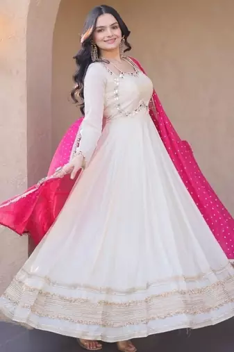 Designer cosmos gown with real mirror work & moss butti dupatta for women