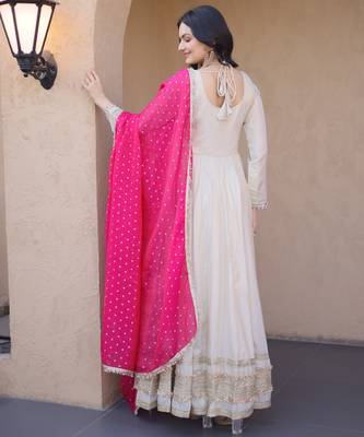 Designer cosmos gown with real mirror work & moss butti dupatta for women 3