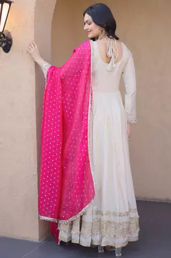 Designer cosmos gown with real mirror work & moss butti dupatta for women